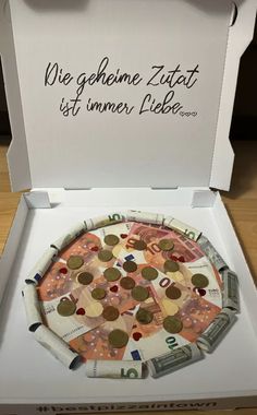 a box that has some kind of pizza in it with money on the top and bottom