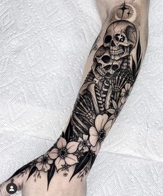 a hand with a skeleton and flowers on it