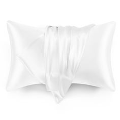 a white pillow with a satin ribbon on the top and bottom corner, as if it were made from silk