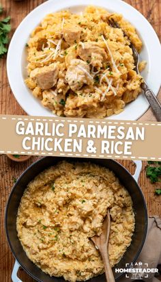 garlic parmesan chicken and rice in a skillet