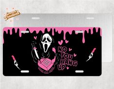 a pink and black license plate with an image of a ghost holding a heart in it