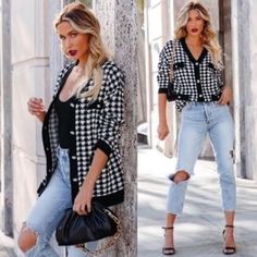 Black And White Houndstooth Print Slight Oversized Cardigan With Jeweled Buttons Casual Plaid Cardigan For Work, Casual Houndstooth Cardigan For Workwear, Chic Plaid Cardigan For Spring, Long Pink Sweater, Houndstooth Cardigan, Camo Cardigan, Chunky Sweater Cardigan, Chic Cardigan, Leopard Cardigan