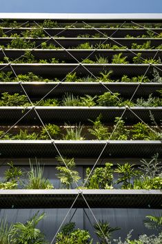 the building has many plants growing on it's sides and is surrounded by metal bars