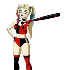 a cartoon character holding a baseball bat in one hand and looking at the camera while standing with her hands behind her back