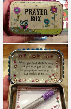 an open tin box with a pen in it and the words prayer box written inside