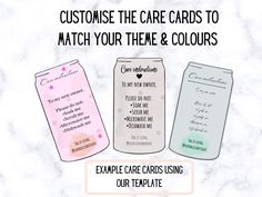 three cards to match your theme and colors with the text, customize the care cards to match your theme and colors