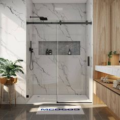 a bathroom with marble walls and flooring