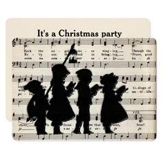 the silhouettes of children with musical notes are shown in this card, which is printed on