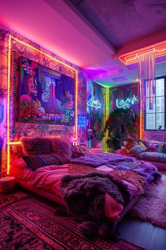 a bedroom with neon lights and lots of blankets on the bed, rugs and pillows