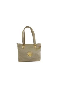 Beige Shoulder Bag With Gold-tone Logo For Everyday Use, Beige Evening Bag With Gold-tone Logo Plaque, Everyday Beige Shoulder Bag With Gold-tone Logo, Beige Rectangular Bag With Gold-tone Logo Plaque, Versace Purse Handbags, Gold Bag With Gold-tone Logo Plaque And Double Handle, Versace Handbags Vintage, Versace Shoulder Bag, Versace Turquoise Bag