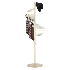 a hat and tie rack on a white background with clothes hanging from it's poles