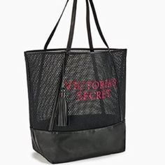 Victoria's Secret Logo, Mesh Beach Bags, Mesh Tote Bag, Black Beach, Woman Bags Handbags, Victoria Secret Bags, Embroidered Bag, Weekender Tote, Beach Tote Bags