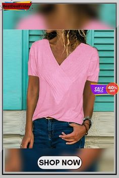 Women V Neck Short Sleeve Cotton Plus Size T-shirts Pink Solid Color T-shirt For Spring, Pink Short Sleeve Solid Color Top, Pink Solid Color V-neck Tops, Pink V-neck Solid Color Tops, Pink Solid Color Summer Top, Casual Pink Solid Color Tops, Trendy Solid Color V-neck T-shirt, Casual V-neck Solid Color T-shirt, Sleeve Packaging