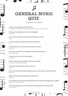 a sheet with musical notes on it and the words general music quiz written in black