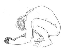 a drawing of a woman bending over with her hands on her knees and legs crossed