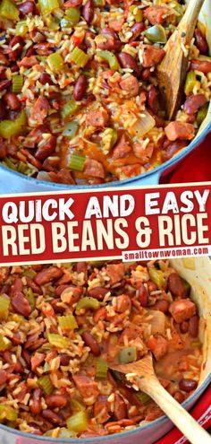 red beans and rice in a blue bowl with a wooden spoon next to it on a red table cloth