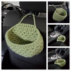 there is a crocheted bag hanging from the back of a car seat in three different pictures