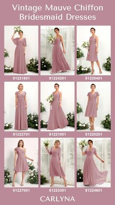 the bridesmaid dresses are all in different styles and colors, including pinks