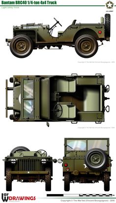 an army vehicle is shown in three different views