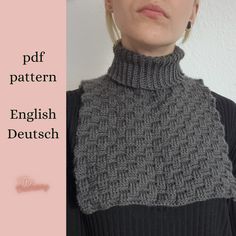 a woman wearing a gray knitted cowl neck sweater with text overlay that reads, free pattern english deutsch