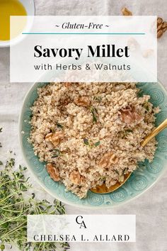 savory millet with herbs and walnuts in a bowl on a table