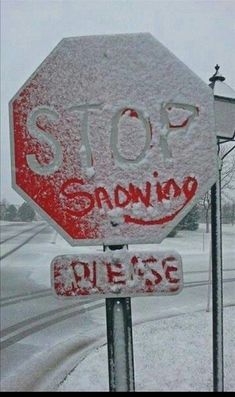 a stop sign that has been vandalized with writing on it and is covered in snow