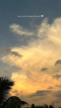 an airplane flying in the sky with clouds and palm trees around it at sunset or dawn