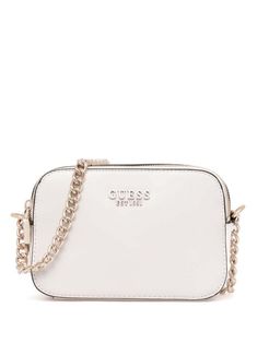 bone white faux leather top zip fastening chain-link shoulder strap logo lettering two main compartments logo-jacquard lining internal slip pocket Guess Crossbody Bag, Guess Purses, Faux Leather Top, Chanel 2, Bone White, Iconic Bags, Demi Fine Jewelry, Boots Fall, Fine Earrings