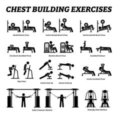 an exercise poster with the words chest building exercises in black and white, on a white background