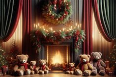 three teddy bears sitting in front of a fireplace with christmas decorations on the mantel