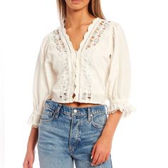 Free People Embroidered Blouse Nwt Cotton Broderie Anglaise Tops For Day Out, Casual Embroidered Top With Lace Trim For Spring, Feminine Embroidered Cotton Blouse, Embroidered V-neck Top For Daywear, Spring Cotton Blouse With Broderie Anglaise, Cotton Blouse With Broderie Anglaise For Spring, Chic Long Sleeve Embroidered Cotton Top, Feminine Cotton Embroidered Top For Daywear, Chic Embroidered Cotton Tops