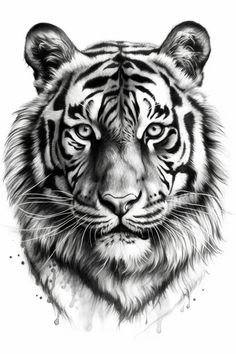 a black and white drawing of a tiger's face