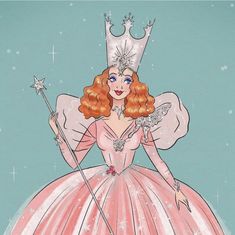 a drawing of a woman in a pink dress with a tiara and holding a wand