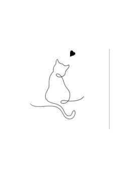 a black and white drawing of a cat with a heart on its tail sitting down