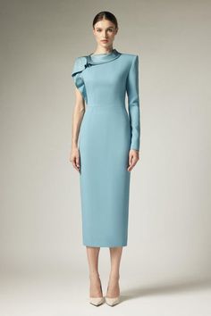 Freda Sheath Asymmetric Sleeved Crepe Calf Length Dress | MEAN BLVD Chic Midi Dress With Asymmetrical Neckline For Wedding Guest, Elegant Midi Dress With Asymmetrical Hem For Formal Occasions, Chic Asymmetrical Neckline Dress For Wedding Guest, Elegant Formal Midi Dress With Asymmetrical Hem, Elegant Asymmetrical Dress For Wedding Guest, Elegant Asymmetrical Midi Dress For Evening, Elegant Long Sleeve Asymmetrical Dress For Cocktail, Elegant Knee-length Asymmetrical Cocktail Dress, Elegant Asymmetrical Neckline Dress For Wedding Guest