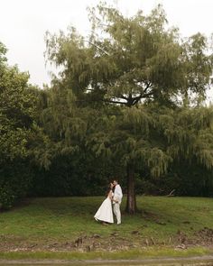 a bride and groom kissing in front of a tree