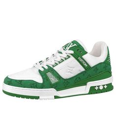 LOUIS VUITTON LV Trainers 'White with Green Monogram' 1A9JI1 Lv Trainers, Limited Edition Shoes, Lv Shoes, Cute Nike Shoes, S Monogram, Cute Nikes, Lv Monogram, Louis Vuitton Shoes, Best Sneakers