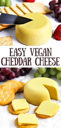 an easy vegan cheese board with crackers and grapes on the side, next to it