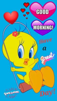 a cartoon bird sitting on top of a pole with the words good morning above it