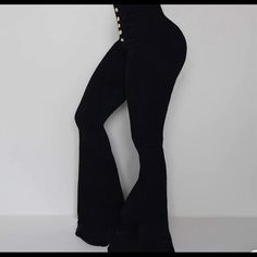 Nwt Black Bell Bottom Slacks. 5 Gold Buttons Down The Front. Stretch Fabric. Small (2-4), Medium (6-8), (Large 10-12) Bell Bottom Leggings Black, Black Bell Bottoms Leggings, Hem Pants, Party Dress Long Sleeve, Puff Sleeve Dresses, Bell Bottom, Boho Maxi Dress, Party Dress Long, Two Piece Dress