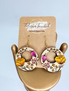 Laser Jewelry Design, Laser Engraved Jewelry, Hand Painted Earrings Wood, Laser Cut Wood Earrings, Flower Dangle Earrings, Hand Painted Earrings, Painted Earrings, Hand Painted Jewelry, Egyptian Jewelry