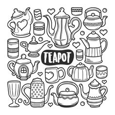 teapots and kettles with the word teapot on it in black and white