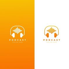 an orange and white logo with headphones on the side, in front of a yellow background