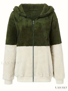 Lasaky - Stylish Color Block Hooded Teddy Coat with Zipper Closure, Long Sleeves for Warmth in Fall & Winter - Womens Fashion Outerwear Green Zipper Closure Long Sleeve Hoodie, Green Long Sleeve Hoodie With Zipper Closure, Green Hooded Jacket With Zipper Closure, Green Long Sleeve Hooded Jacket With Zipper, Fashion Outerwear, Teddy Coat, Color Block, Knit Fabric, Collar Styles