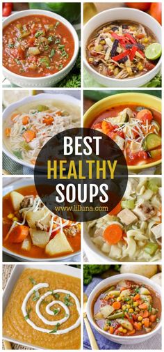 This collection of healthy soup recipes features soups that are low in calories and fat, and packed with healthy proteins and vegetables. #healthysoups #soup #healthy #souprecipes #healthyrecipes Meatless Soup Recipes, Healthy Soup Recipes Clean Eating, 7 Day Cabbage Soup Diet, Healthy Proteins, Low Fat Soups, Healthy Chicken Tortilla Soup, Orzo Soup Recipes, Low Calorie Soup, Soup Healthy