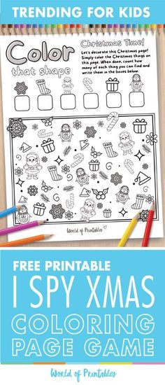 the free printable i spy xmas coloring page for kids is shown with crayons