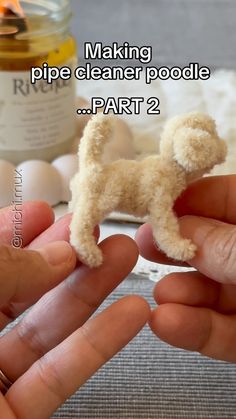 two hands holding a tiny toy dog in front of an egg carton with the caption making pipe cleaner poodle part 2