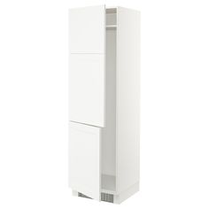 a tall white cabinet with doors and drawers