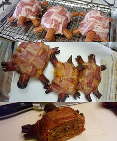 bacon turtles are being cooked on the grill and then wrapped in bacon for buns