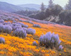 an oil painting of wildflowers and mountains